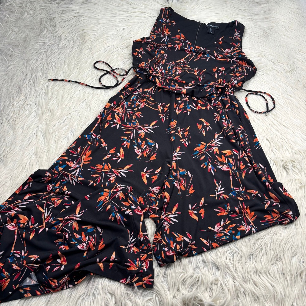 Cynthia Rowley Women's L Black Orange Floral Wide‎ Leg Jersey Jumpsuit Tropical